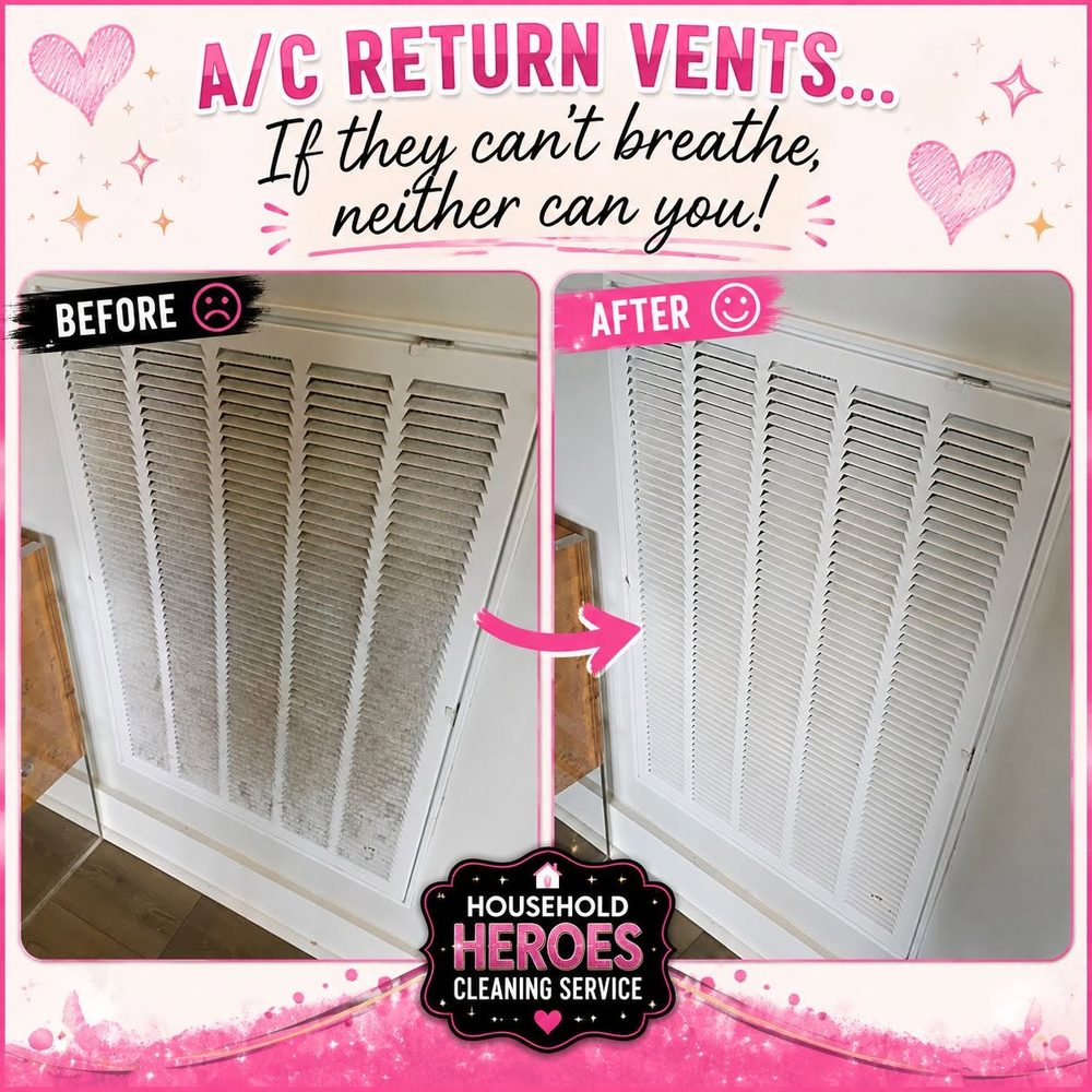 A before and after comparison of an air conditioning return vent, grimy on the left and clean on the right